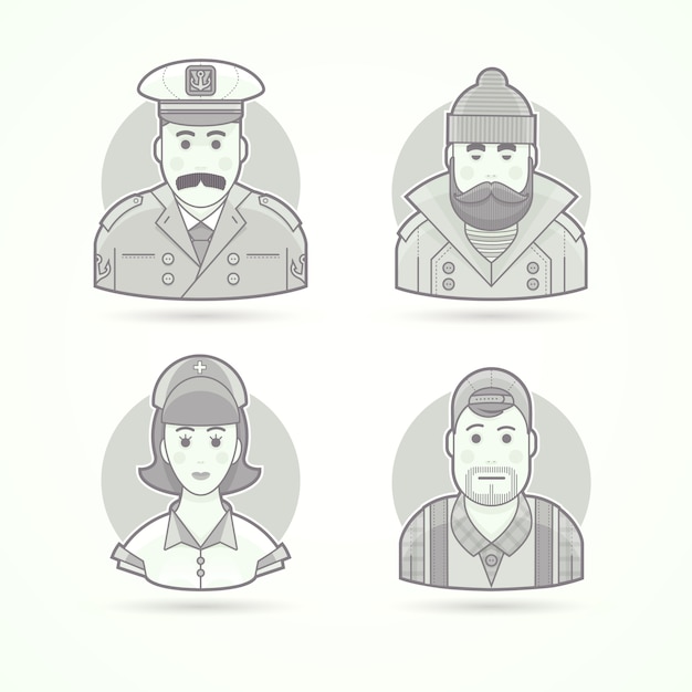 Ship captain, fisherman, nurse and video operator icons. character, avatar and person illustrations.  black and white outlined style.