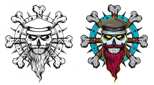 Ship captain head skull illustration drawing