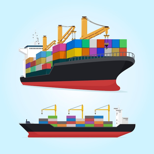 Ship Cargo Ocean Freight Forwarding Boat Transportation Marine Logistics Vector Illustration Set