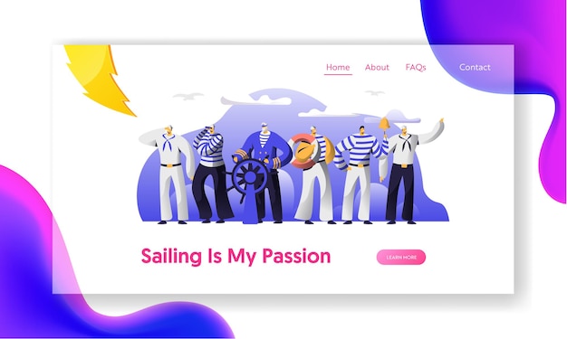 Ship crew male characters in uniform website landing page.