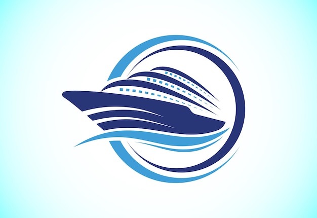 Vettore modello di progettazione del logo della nave da crociera o della barca simbolo del segno dell'yacht con l'illustrazione di vettore delle onde dell'oceano
