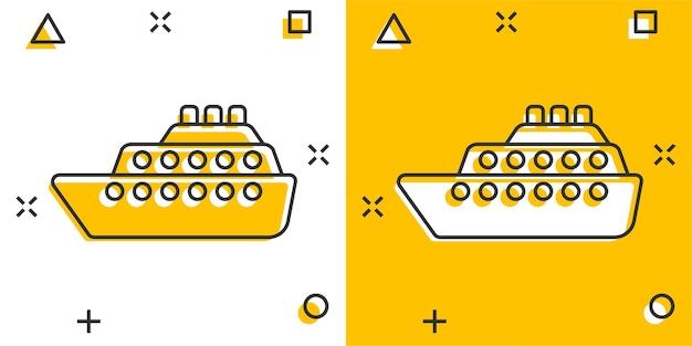Иконка круизного корабля в комическом стиле Векторная карикатура на грузовое судно на белом изолированном фоне Эффект всплеска бизнес-концепции судна