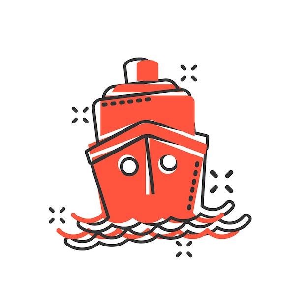 Ship cruise sign icon in comic style cargo boat vector cartoon illustration on white isolated background vessel business concept splash effect