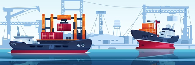 Vector ship in dock cargo transport with containers in harbor vessel for freight transportation water vehicle sailing in industrial sea port marine shipping vector seascape illustration