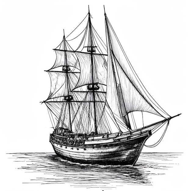 Ship engraved style ink sketch drawing black and white vector illustration