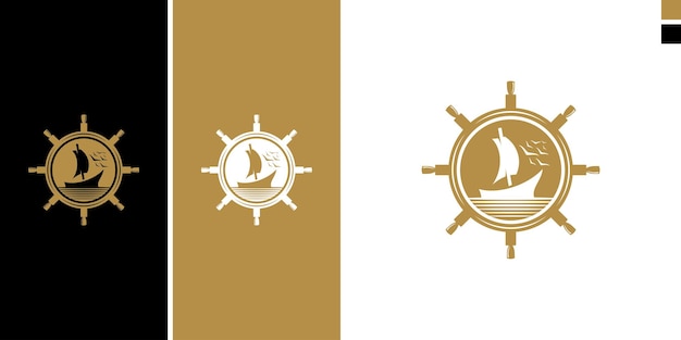 ship logo design with silhouette dhow and wheel vector graphic