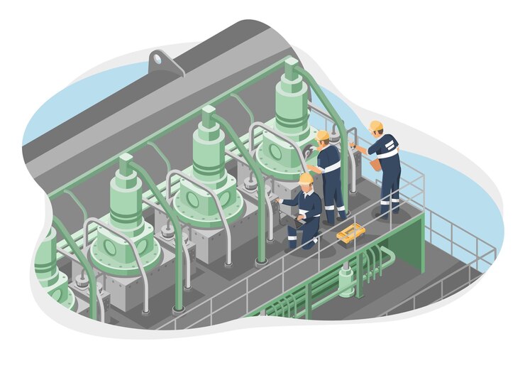 Vector ship marine engineer big engine motor machine maintenance concept isometric for engineering working