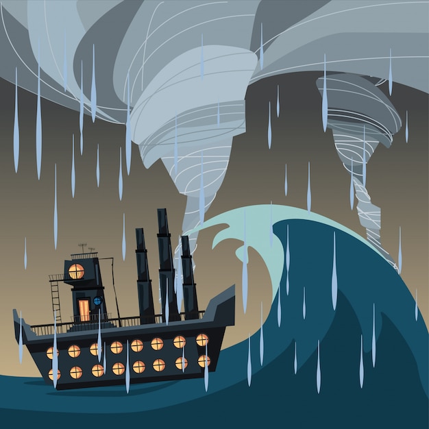 Vector ship in ocean in storm weather vector illustration