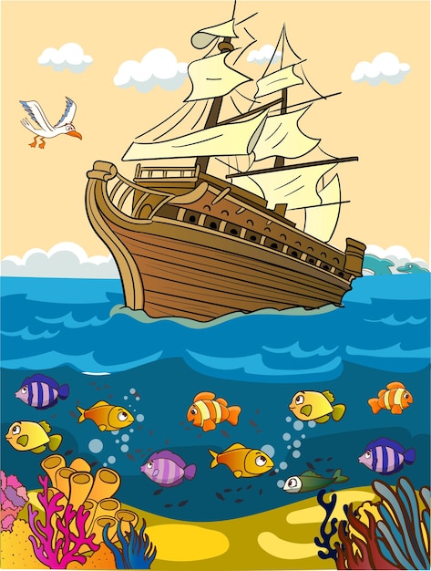 A ship in the ocean with fish and seagulls