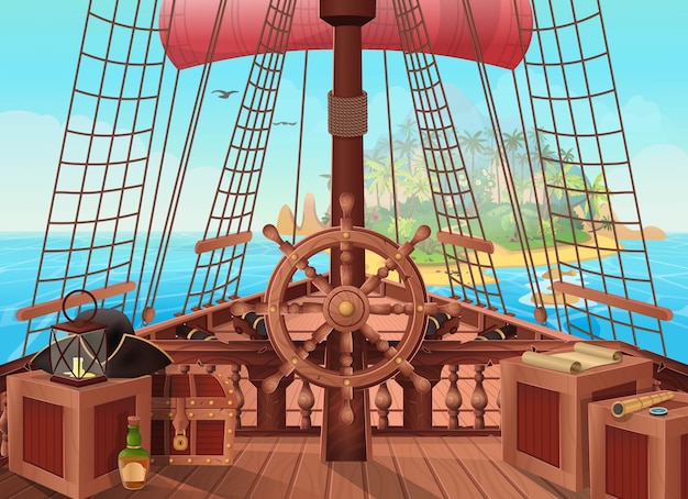 Vector ship of pirates with an island on the horizon.  illustration of sail boat bridge view. background for games and mobile applications. sea battle or traveling concept.