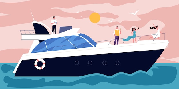 Vector ship sailors composition with open sea scenery and holiday cruiser boat with doodle passengers and captain vector illustration