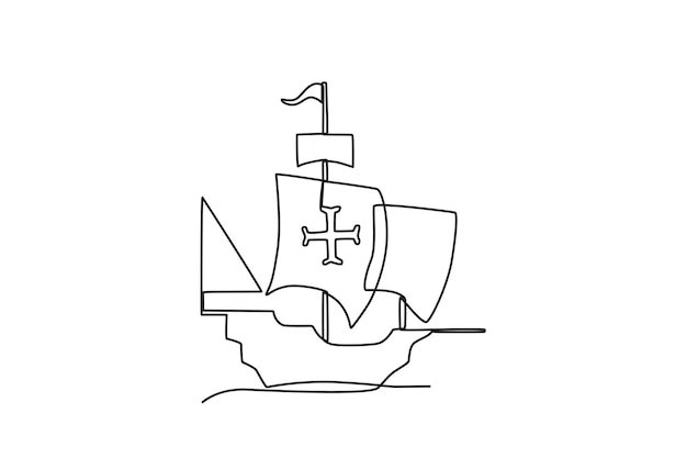Корабль плывет по морю День Колумба однолинейный рисунок