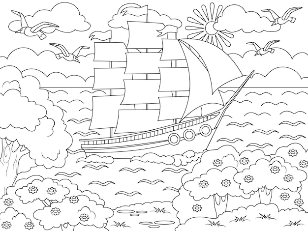 Vector ship sails on the waves big sailboat and the nature of the island vector page for printable children coloring book