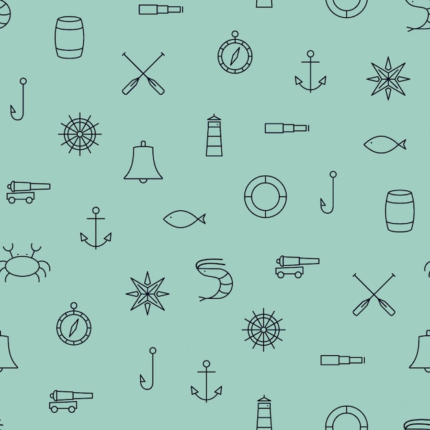 Ship & Sea line icons seamless pattern 