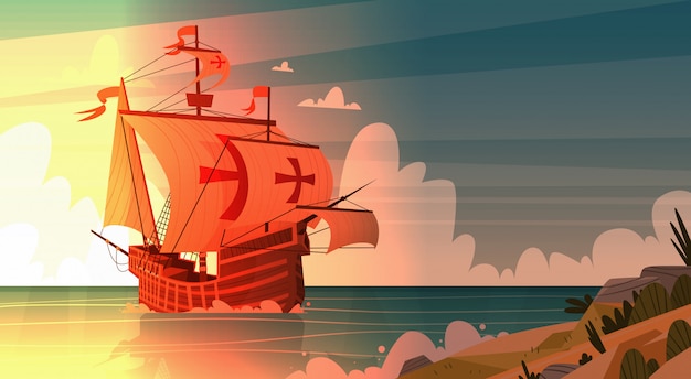 Ship In Sea On Sunset Happy Columbus Day National Usa Holiday Concept