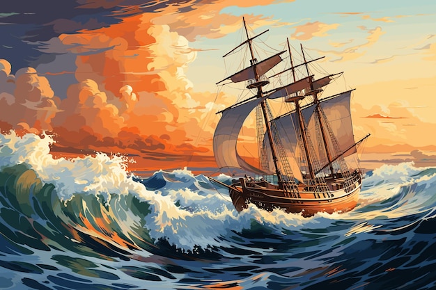 Ship sea and waves of water oil painting landscape