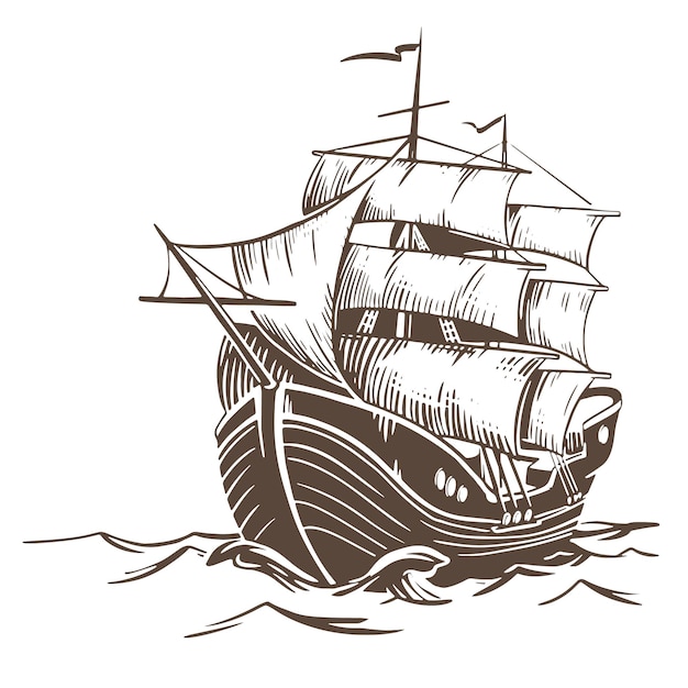 Ship sketch A sailboat sails on the waves with raised sails Vector illustration in engraving style isolated on white background Nautical vessel for design in retro style