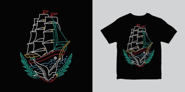 Vector ship vintage outline illustration tshirt design