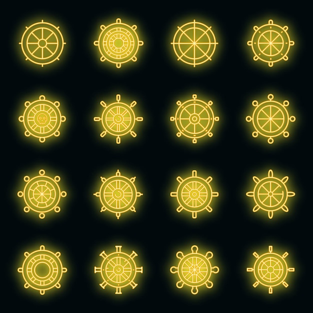 Ship wheel icons set. Outline set of ship wheel vector icons neon color on black