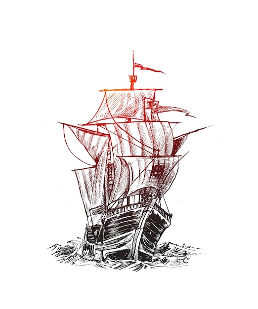 Ship with sails  hand drawn sketch vector illustration