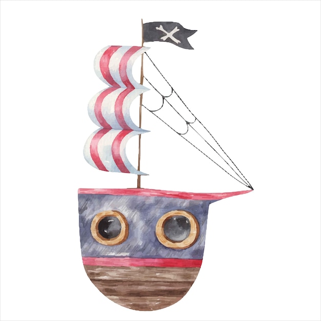 Вектор Корабль, яхта для пирата, детская милая акварельная иллюстрация на белом фоне
