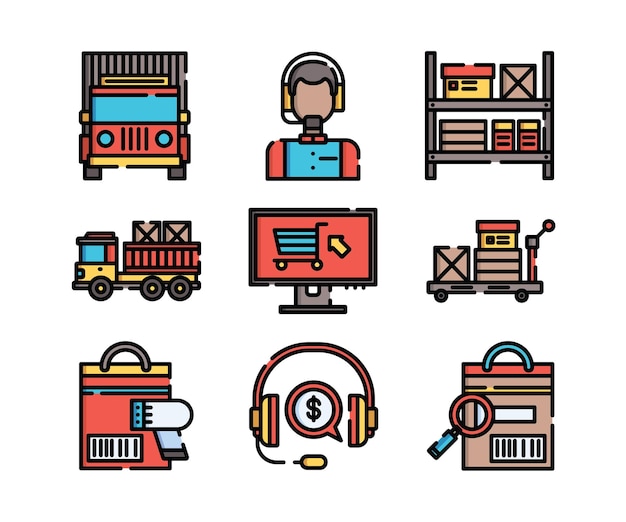 Shipment Distribution Transportation Express Courier Cargo Delivery Icon Vector Set
