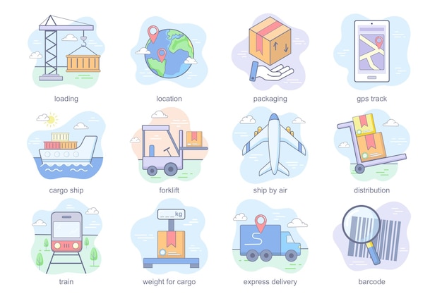 Shipping concept flat icons set bundle of loading location packaging gps track cargo ship forklift d...