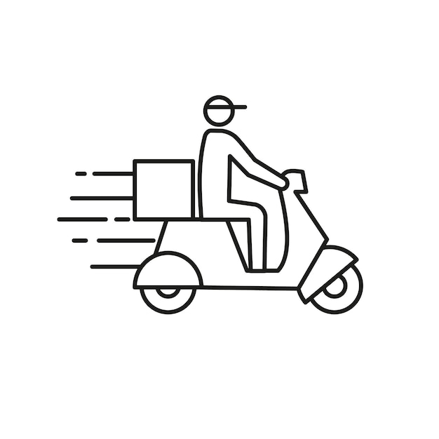 오토바이 아이콘 기호를 타고 빠른 배달 남자, 앱 및 웹 사이트에 대한 Pictogram 평면 개요 디자인,