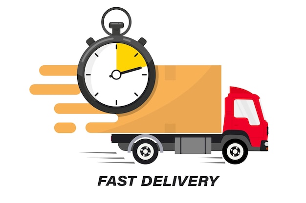 Vector shipping fast delivery truck with clock. online delivery service. express delivery, quick move. fast shipping truck for apps and websites. line cargo van moving fast. chronometer, fast service 24/7