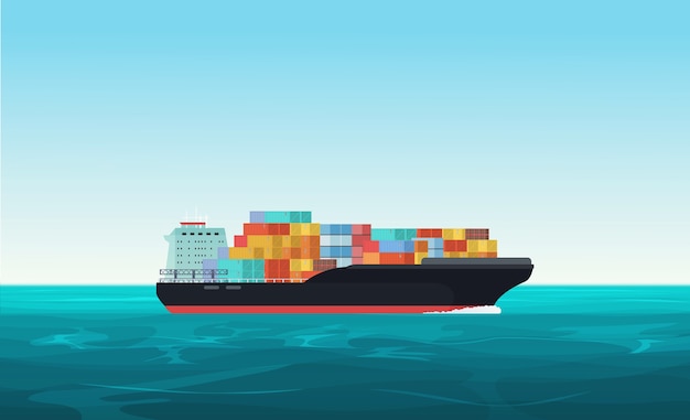 Vector shipping freight transportation ship with containers in the ocean