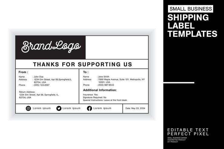 Vector shipping label design template with sender recipient package details and customs information