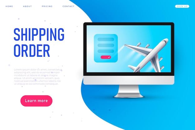 Vector shipping order web page, plane, realistic model into desktop
