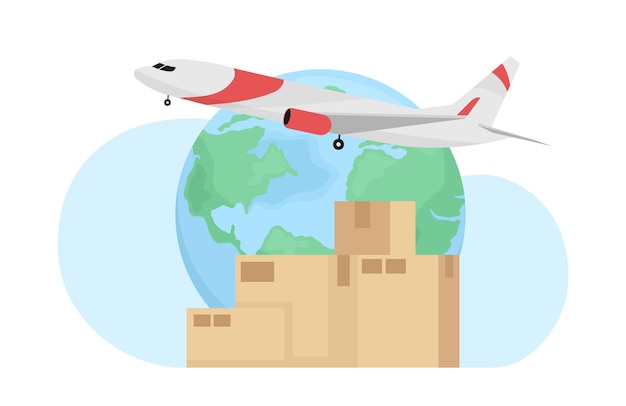 Shipping parcels and freight by plane flat concept vector illustration