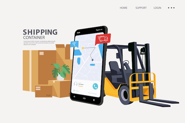 Shipping with Forklift loads packages on mobile vector