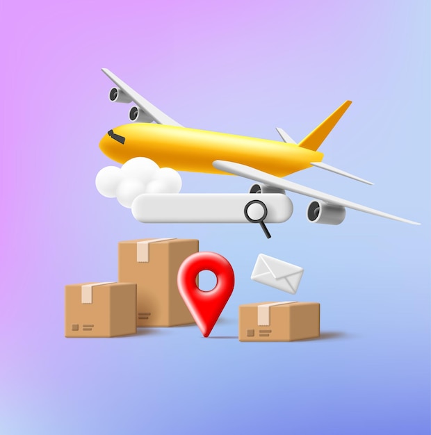 Shippment online tracking 3d render composition with carton boxes and yellow airplaine search field ui element