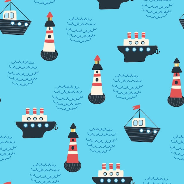 船と海の灯台のシームレス パターン