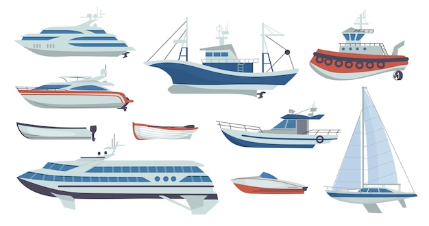 Navi e barche trasporto marittimo di passeggeri dei cartoni animati vista laterale della barca a vela o del peschereccio set di tipi di veicoli marittimi modello isolato di nave da crociera per yacht e viaggi oceanici collezione di motoscafi vettoriali