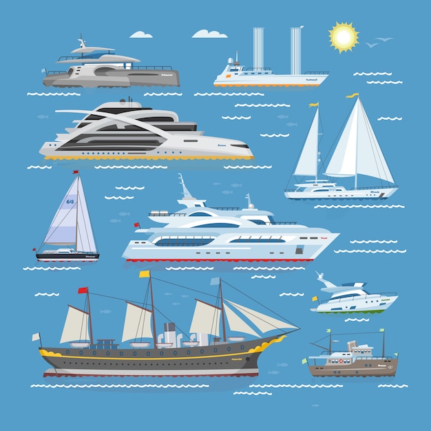 Ships  boats or cruise travelling in ocean or sea and shipping transportation illustration marine set of nautical sailboat yachting or speedboat  on background