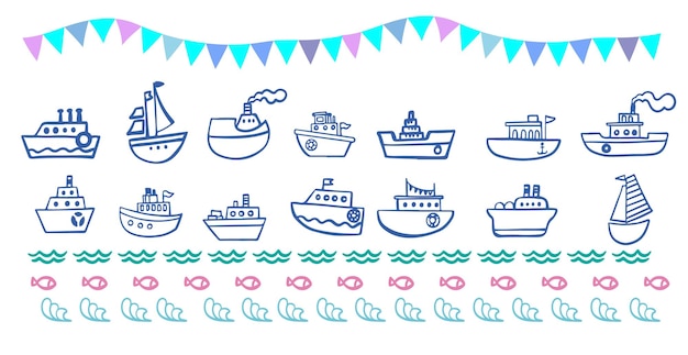 Ships and boats set fish festive flags Vector illustration