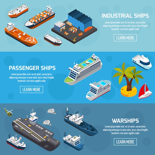 Ships boats vessels isometric banners set