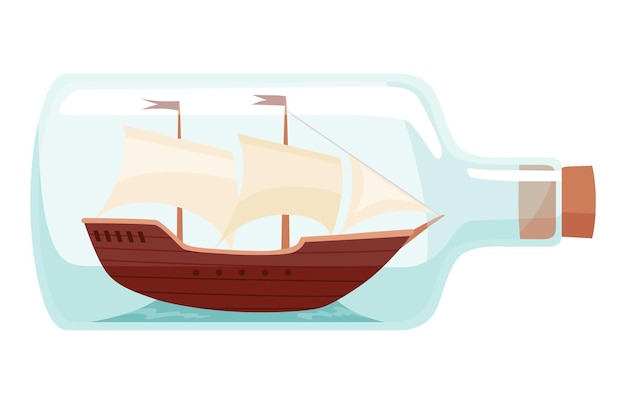 ベクトル ボトル入りの船 オブジェが入ったグラス 船舶のミニチュアモデル 趣味の工芸品と海をテーマにした 装飾的な海のお土産 セーリングクラフト