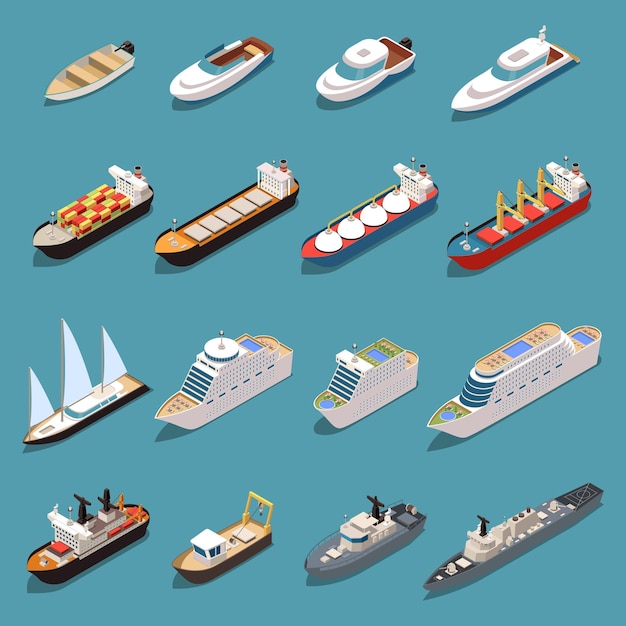 ships isometric set with icebreaker speedboat cruise liner bulk carrier sail yacht oil tanker warship vector illustration