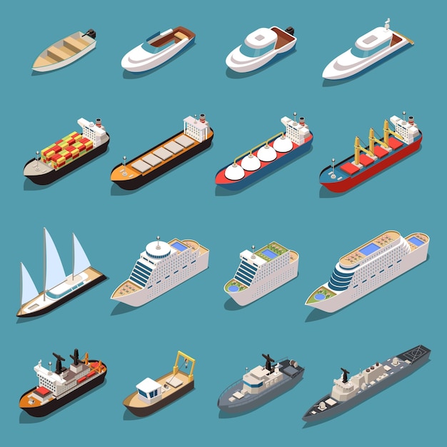 Vector ships isometric set with icebreaker speedboat cruise liner bulk carrier sail yacht oil tanker warship vector illustration