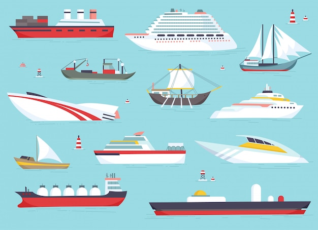 Ships at sea, shipping boats, ocean transport vector icons set.