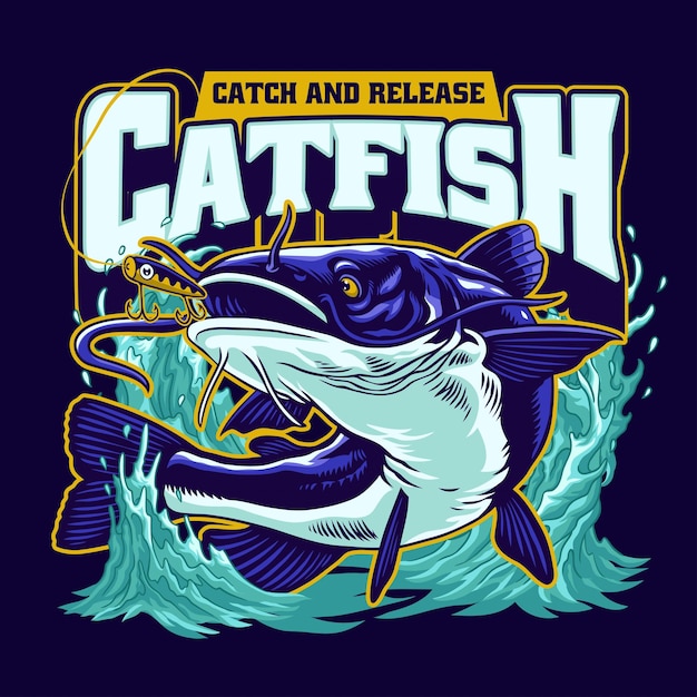 Shirt Design of Fishing Catfish Illustration Vintage