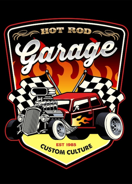 Vector shirt design of hot rod car garage