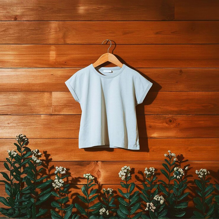 Vector a shirt hanging on a hanger with flowers and a wooden wall