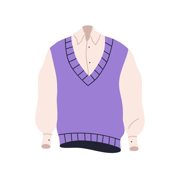 Shirt onder wollen vest, gebreid vest. Vrouwelijke blouse met lange mouwen en casual warm breiwerk. Vrouwen dragen, kleding voor het koude seizoen, winter. Platte vectorillustratie geïsoleerd op een witte achtergrond