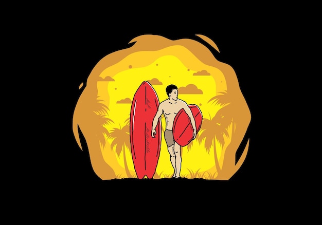 The shirtless man holding surfboard illustration