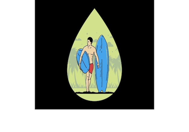 The shirtless man holding surfboard illustration